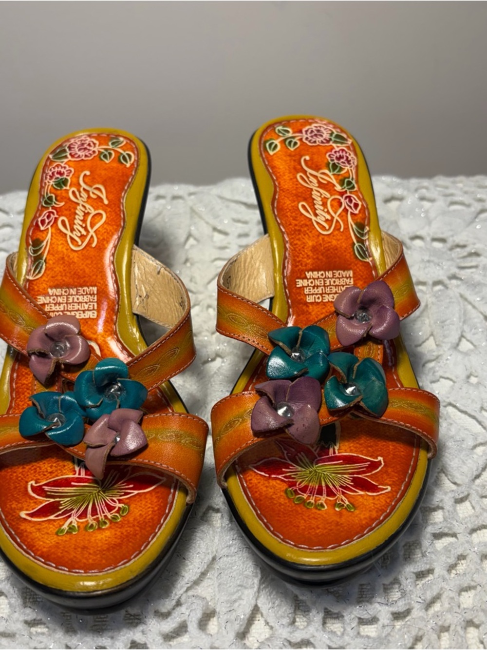 Source Unknown Orange Floral Leather Slide Mules with Teal & Mauve Flowers